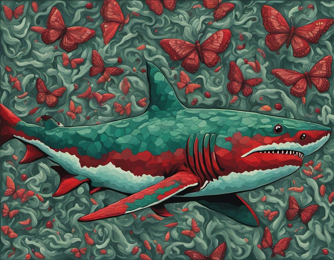 Surreal Abstract Shark and Butterfly Bush Painting