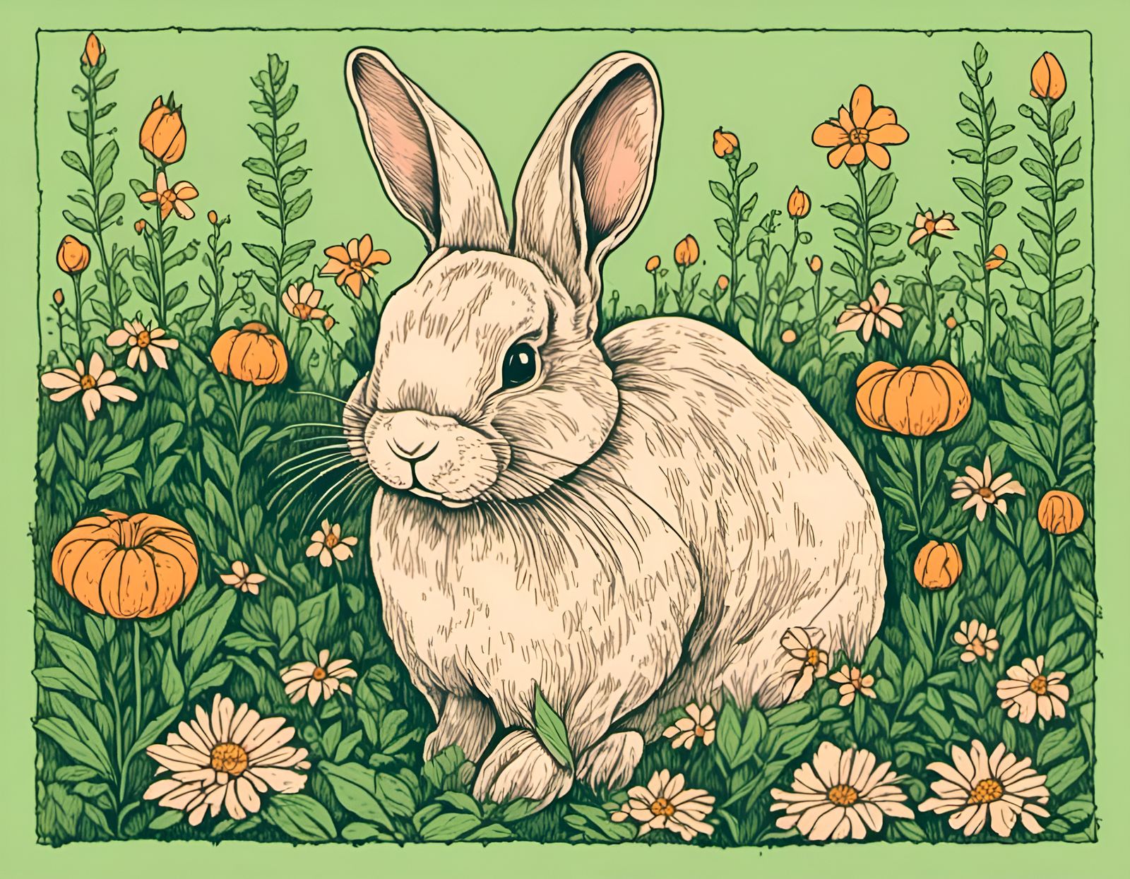 Bunny Portrait in Flower Garden