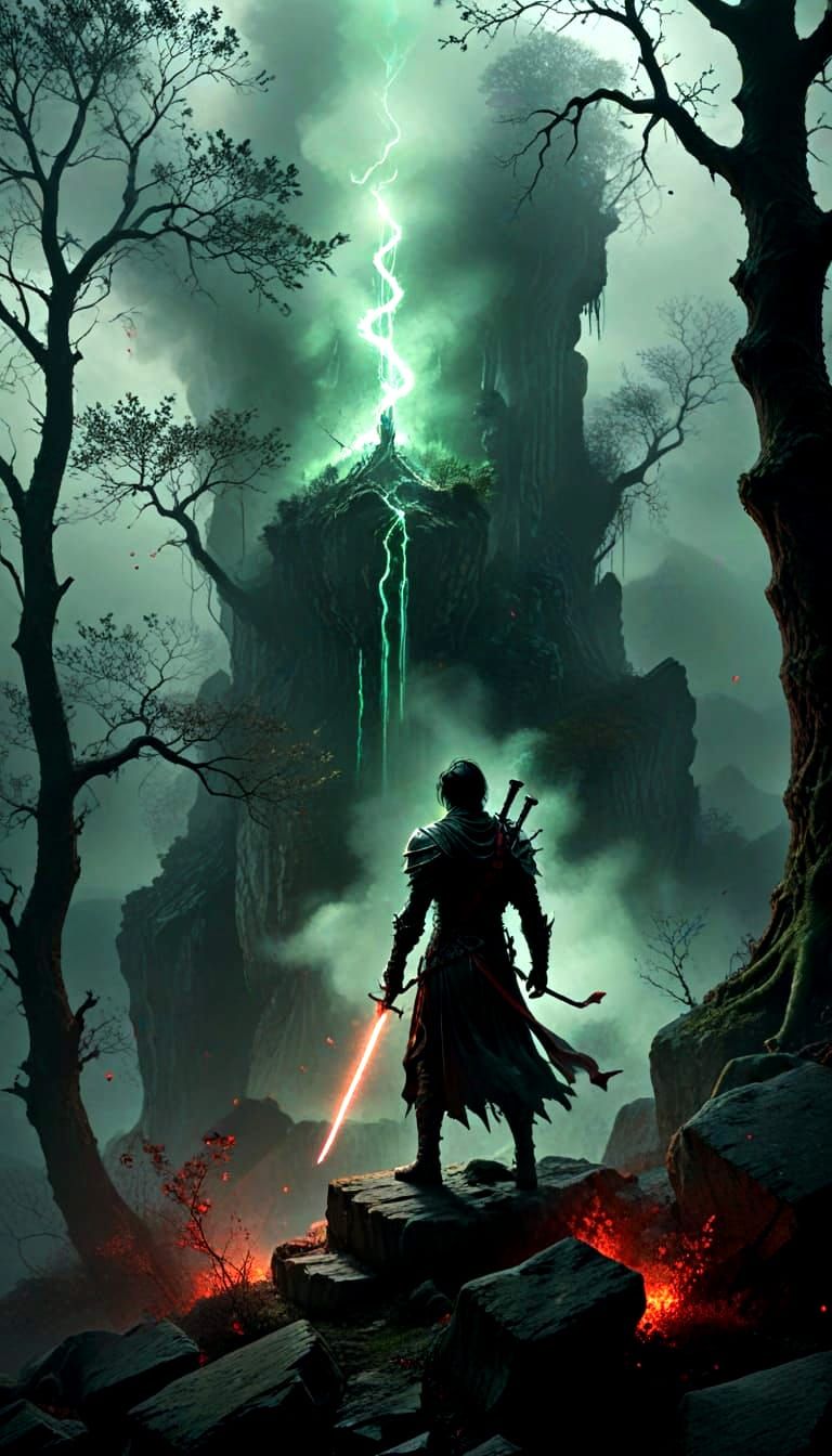 Mysterious Figure with Glowing Sword in Foggy Forest