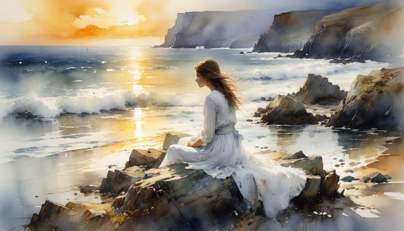 Devon Seascape Watercolor Painting at Golden Sunset