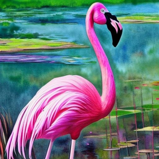 Hyperrealistic Pink Flamingo in Gouache Watercolor Style
