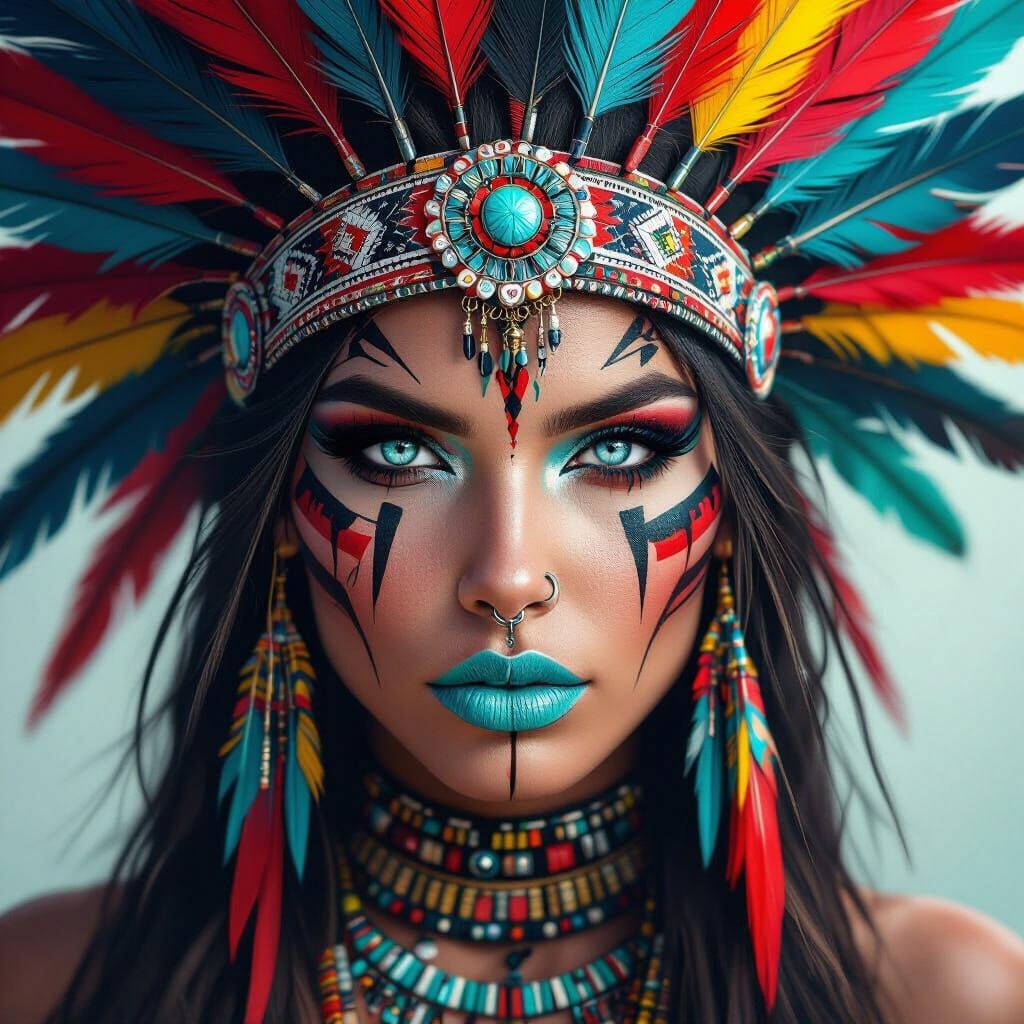 Woman with Tribal Face Paint and Feathered Headdress