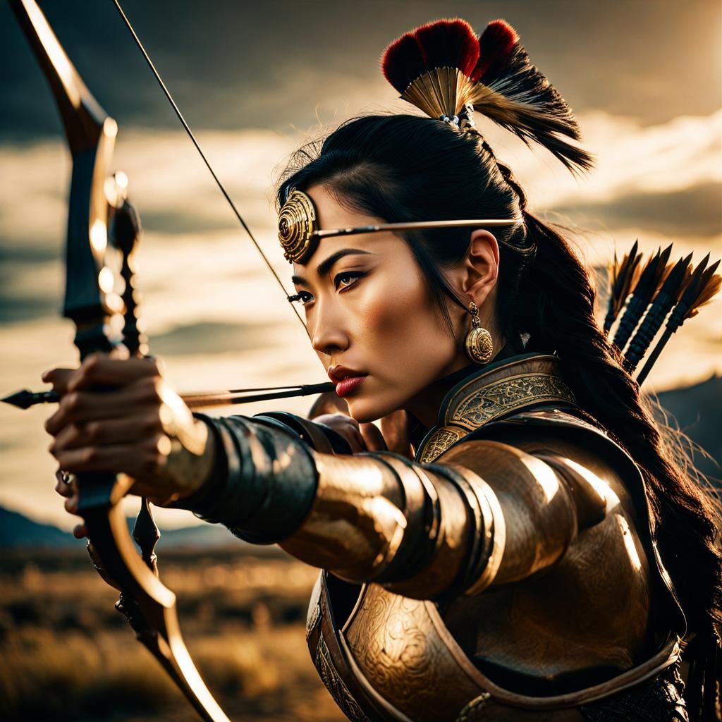 Mongolian Warrior Woman Shooting Bow and Arrow