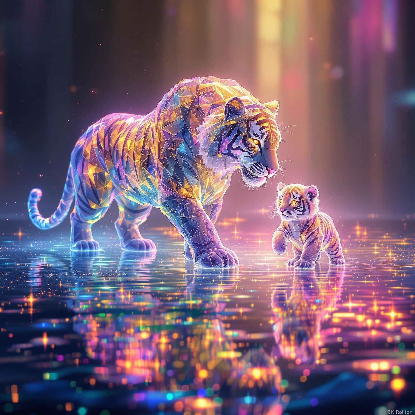 Crystal Tiger Mother and Cub Walk Across a Rainbow Pond