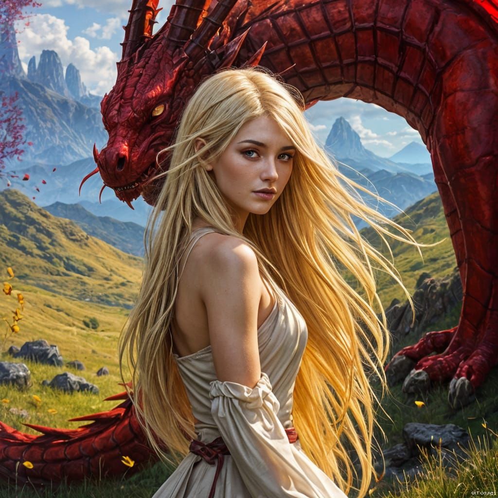 Loving Gaze in Welsh Landscape: A Girl and Her Red Dragon