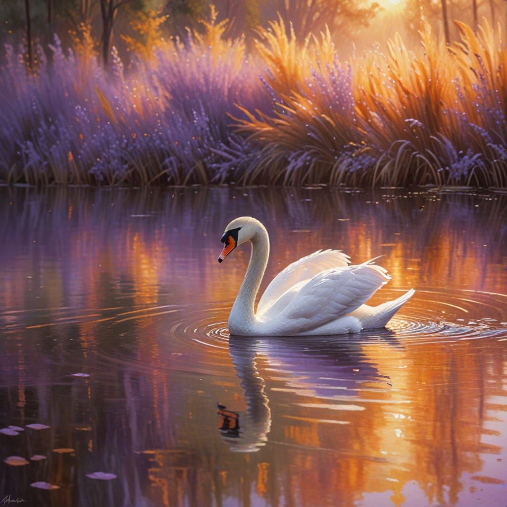 Swan Glides on Lake in Impressionist Style