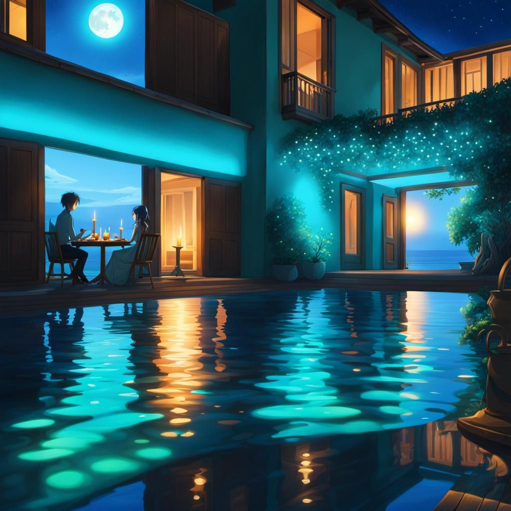Romantic Balcony Dinner by Bioluminescent Sea