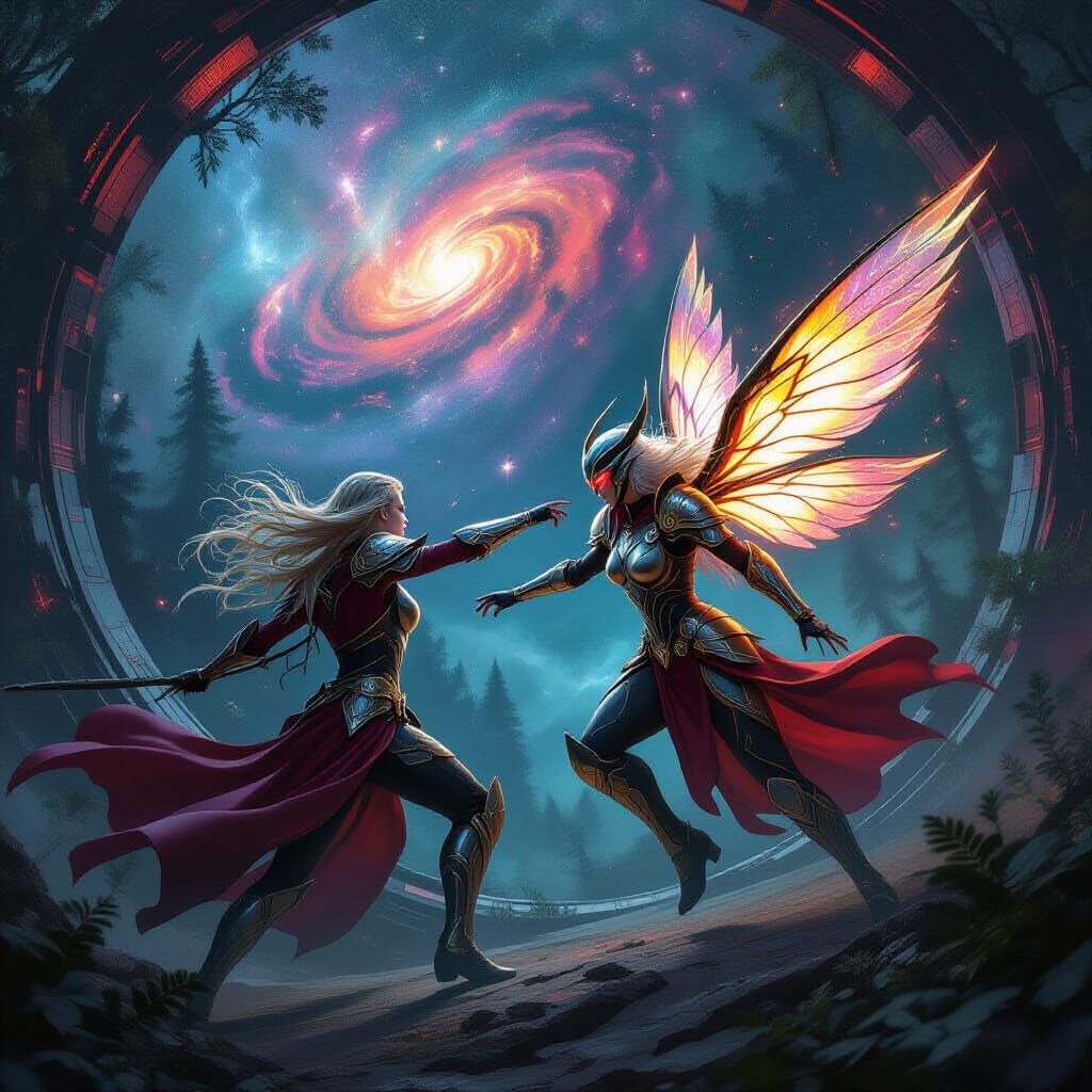 Cosmic Battle: Valkyrie vs Sprite in Dark Fantasy Art