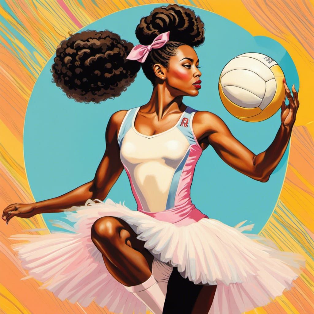 African American Ballerina Serves Volleyball in Pop Art
