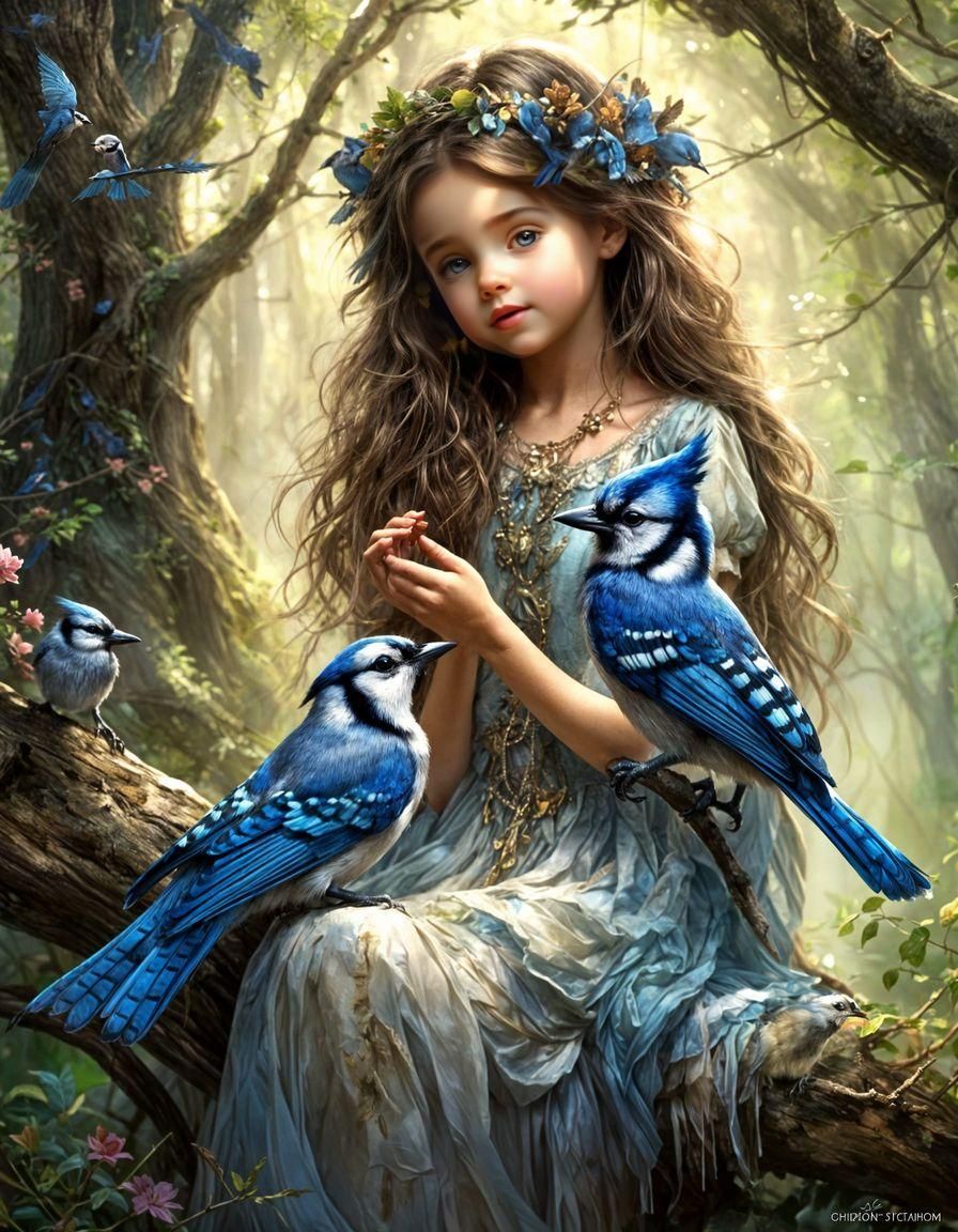 Bluejay and Girl in Magical Forest