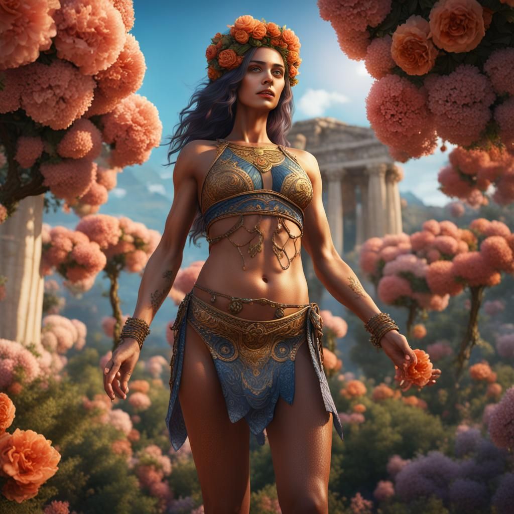 Greek Woman in Flowering Bikini: Detailed Matte Painting