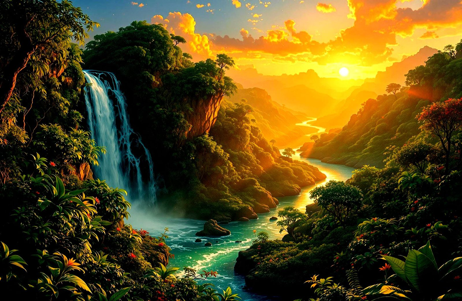 Panoramic Jungle Sunset with Hyperdetailed Waterfall
