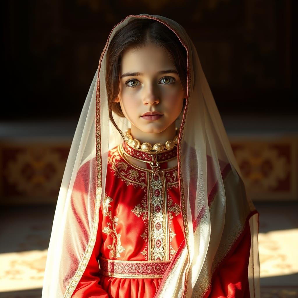 Teen Girl in Red and Gold Dress, Photorealistic Painting