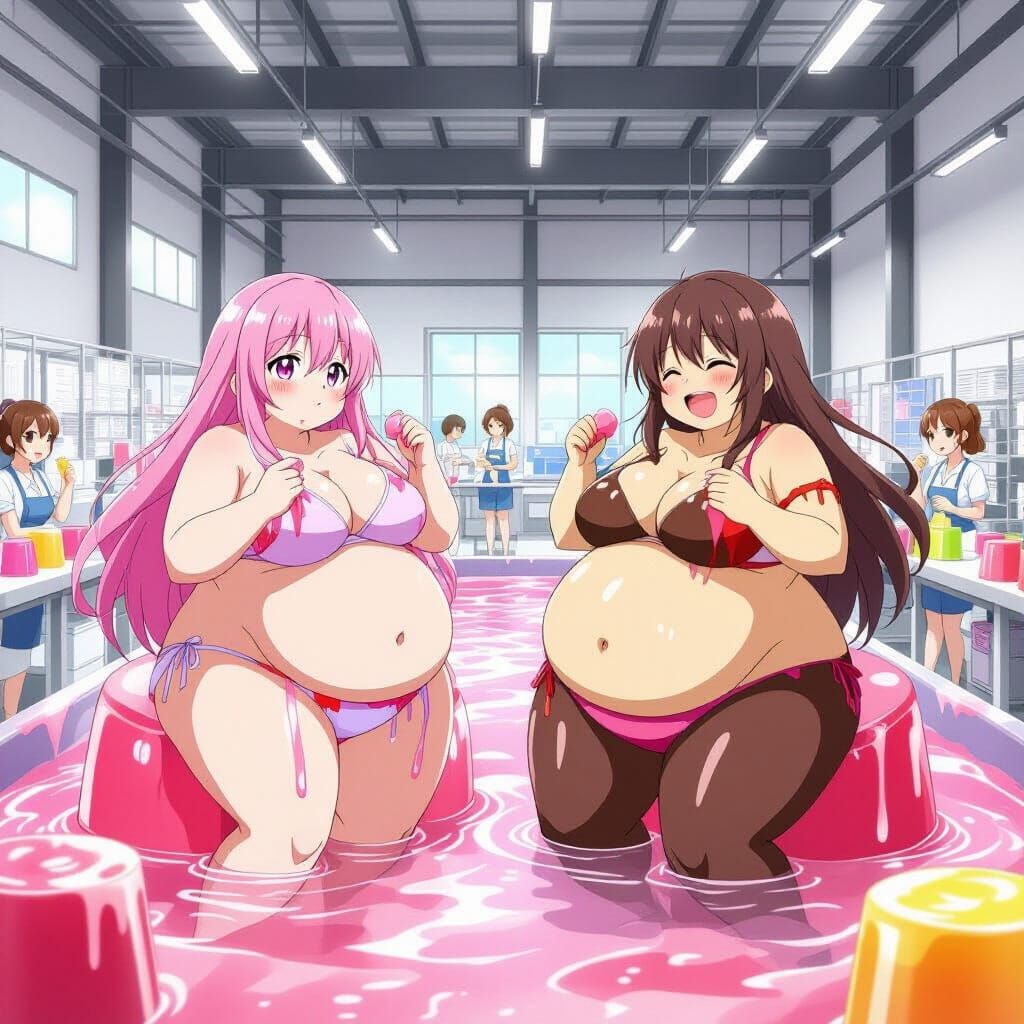 Anime Girls Covered in Jell-O in Factory