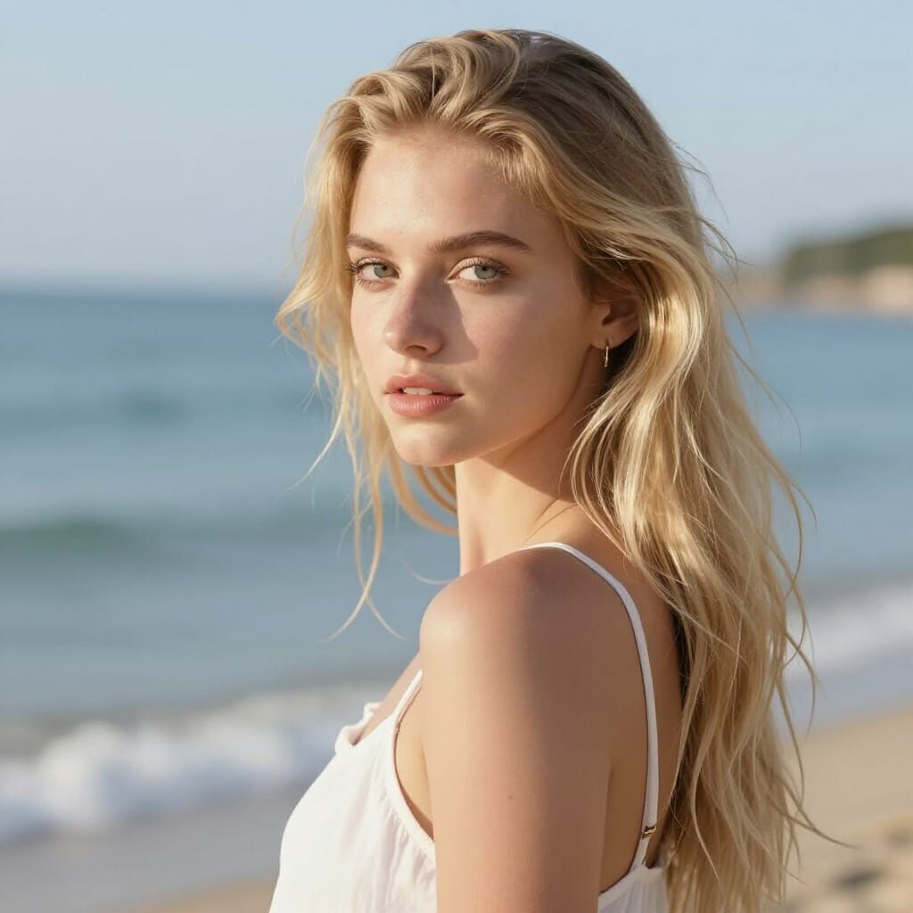 Ethereal Blonde Girl by the Serene Sea