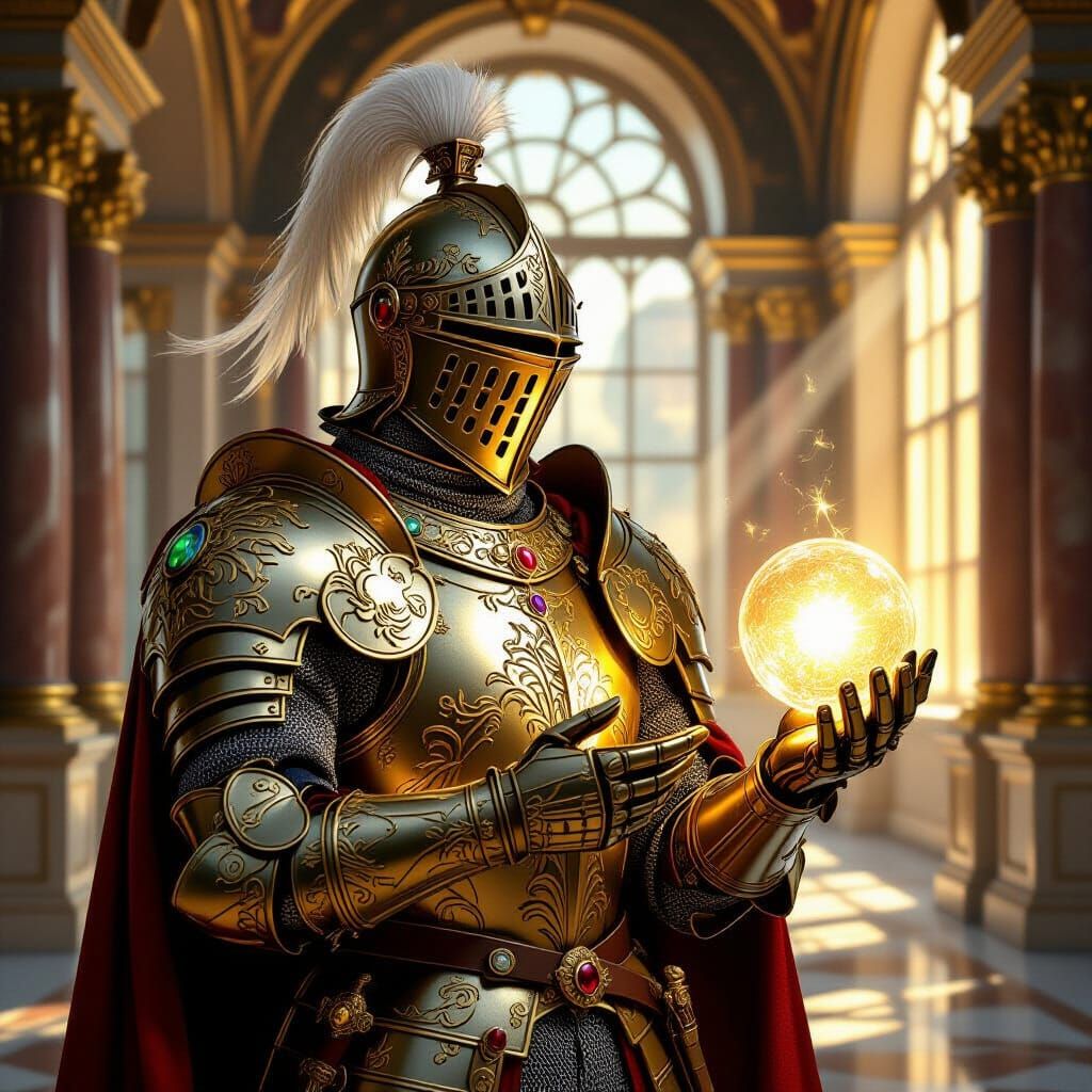 Gilded Knight Holding Glowing Orb in Renaissance Hall