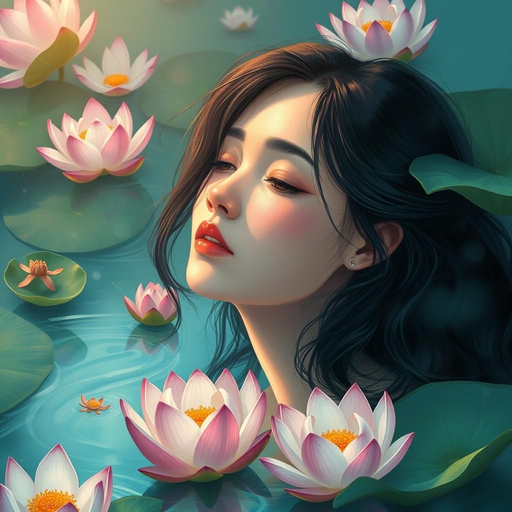 Contemplative Woman in Lotus Garden: Mystical Digital Art