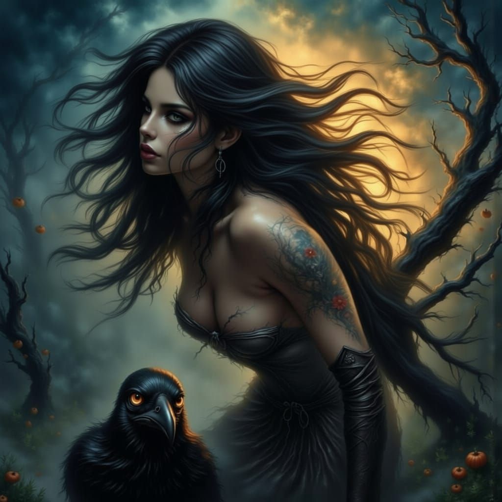 Woman in Forest Talking to Crows, Hyperrealistic Splash Art