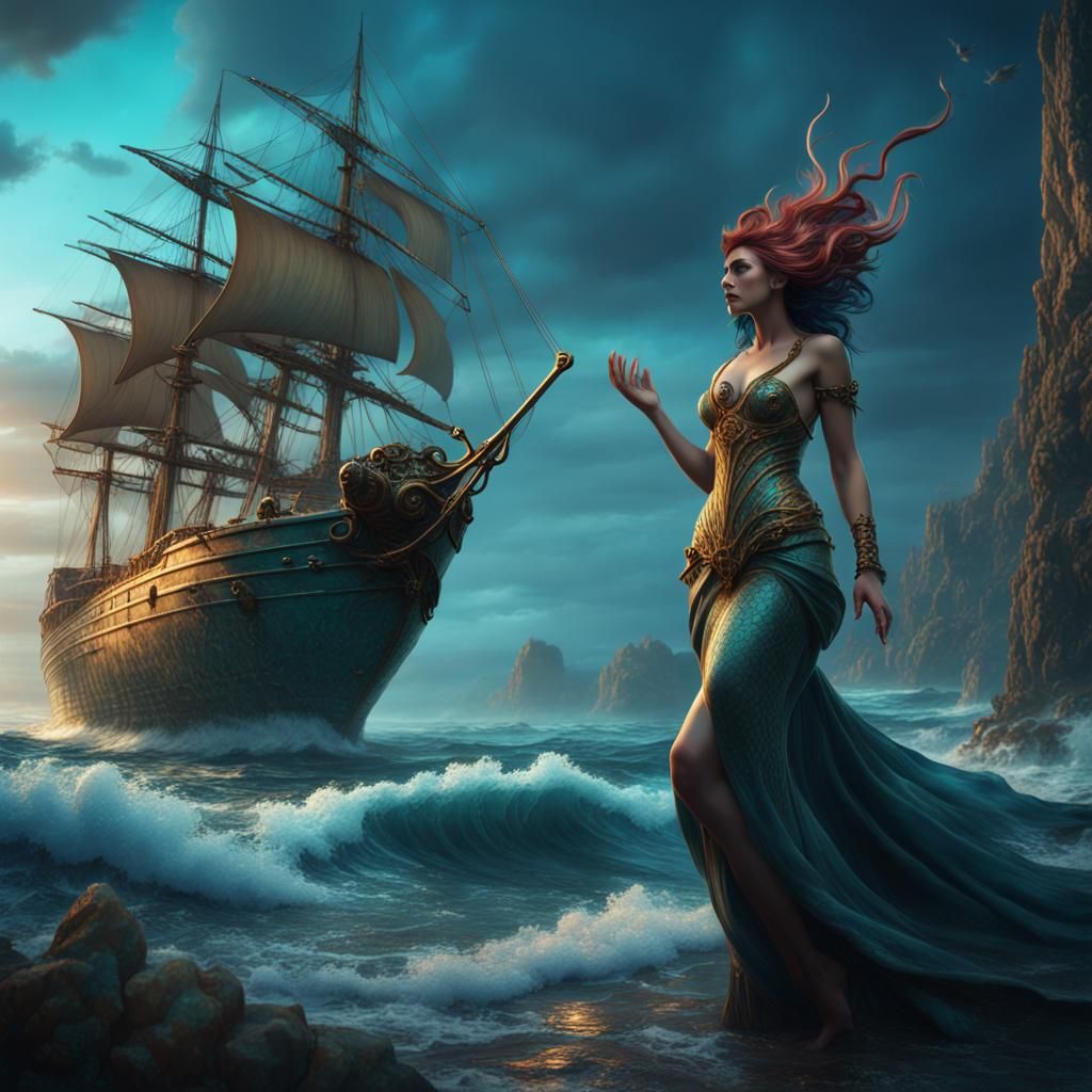 Siren Beckons Sailor in Detailed Fantasy Art