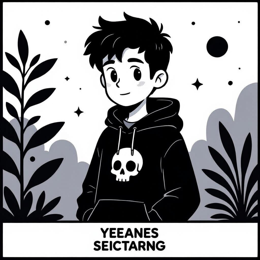 Monochrome Cartoon Character Portrait in Hoodie