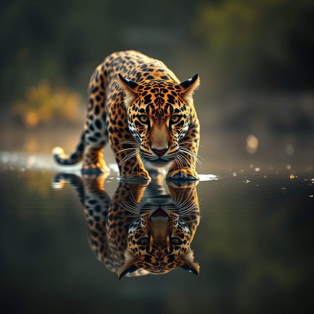 Hyperrealistic Jaguar Walking on Water in HDR