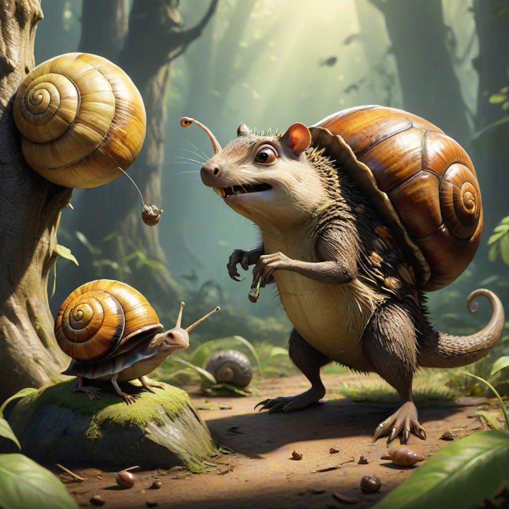 Hedgehog and Singing Snail Predator Prey Art