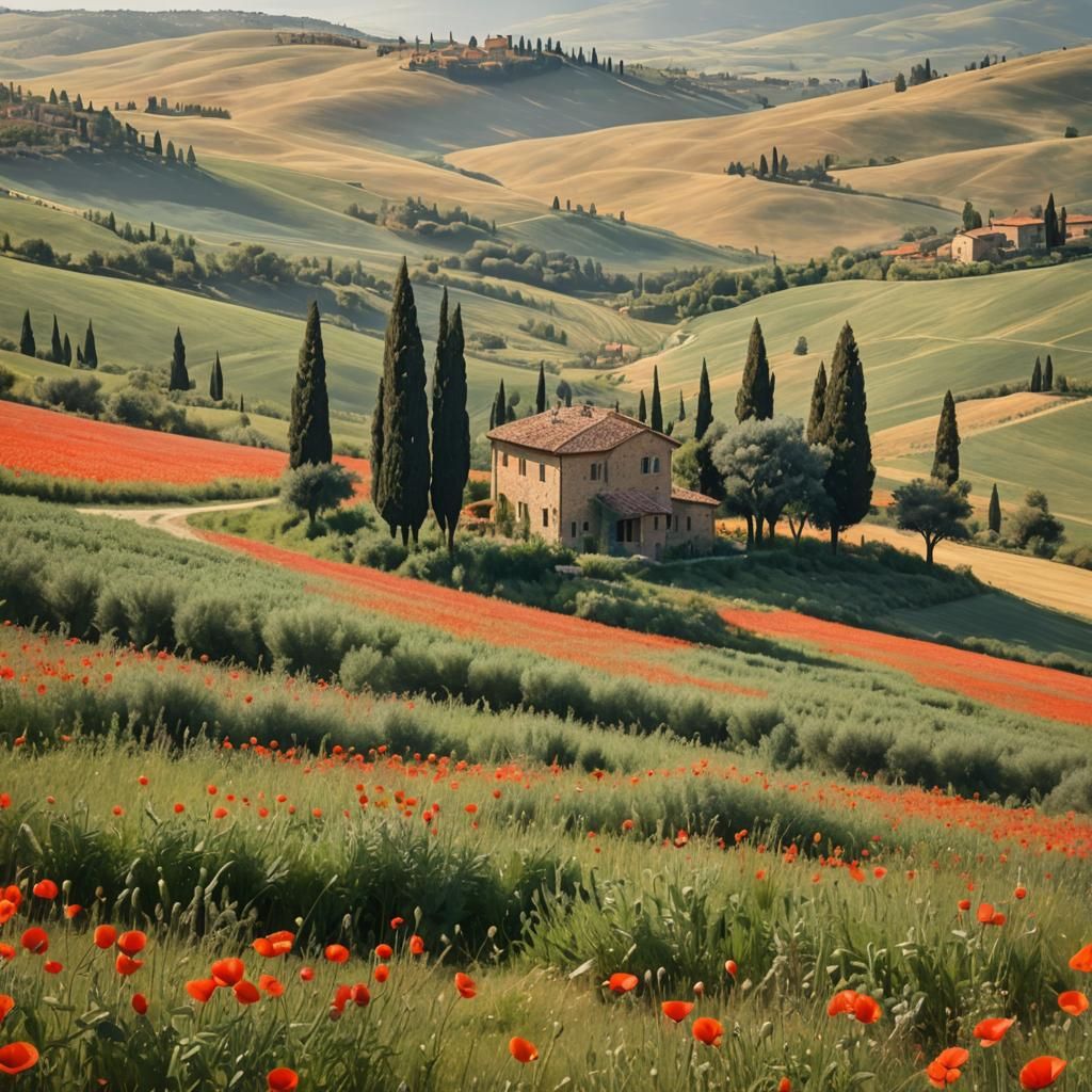 Tuscan House in Poppy Field with Sunlight