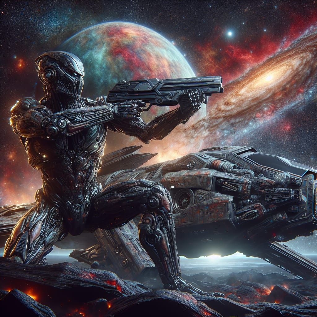 Cyborg Warrior on Alien Spaceship in Cosmic Battle