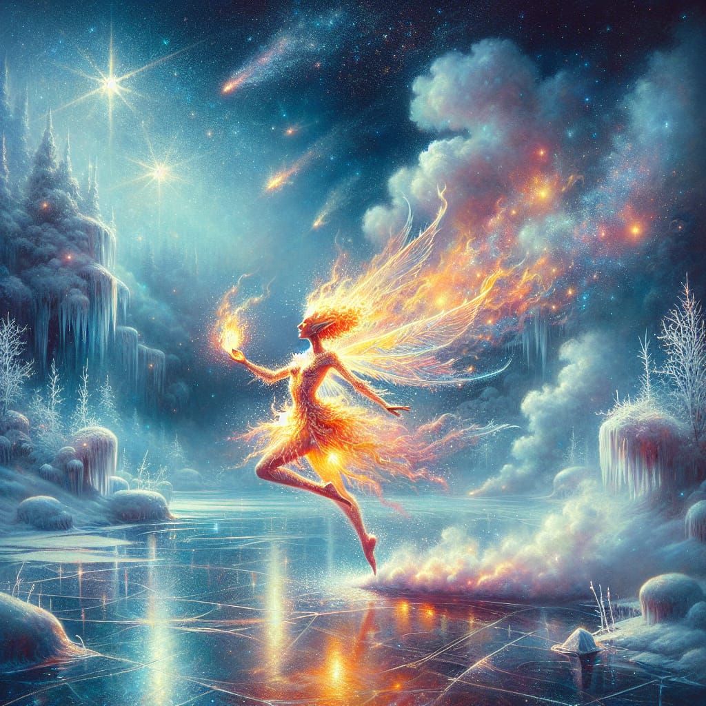 Ethereal Fire Sprite Dances Across a Frozen Winter Wonderlan...
