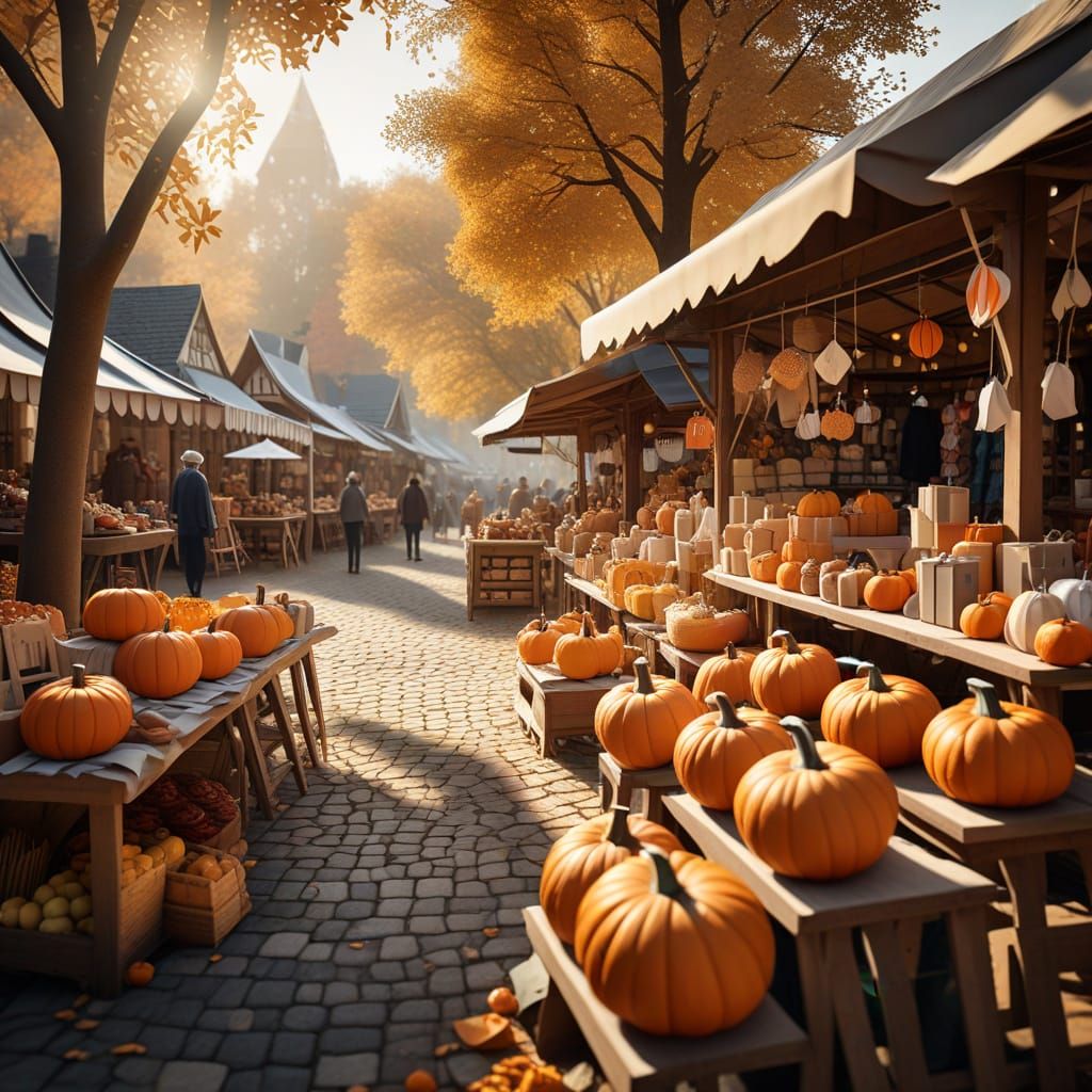 Autumn Village Market Scene in Whimsical Watercolor Style