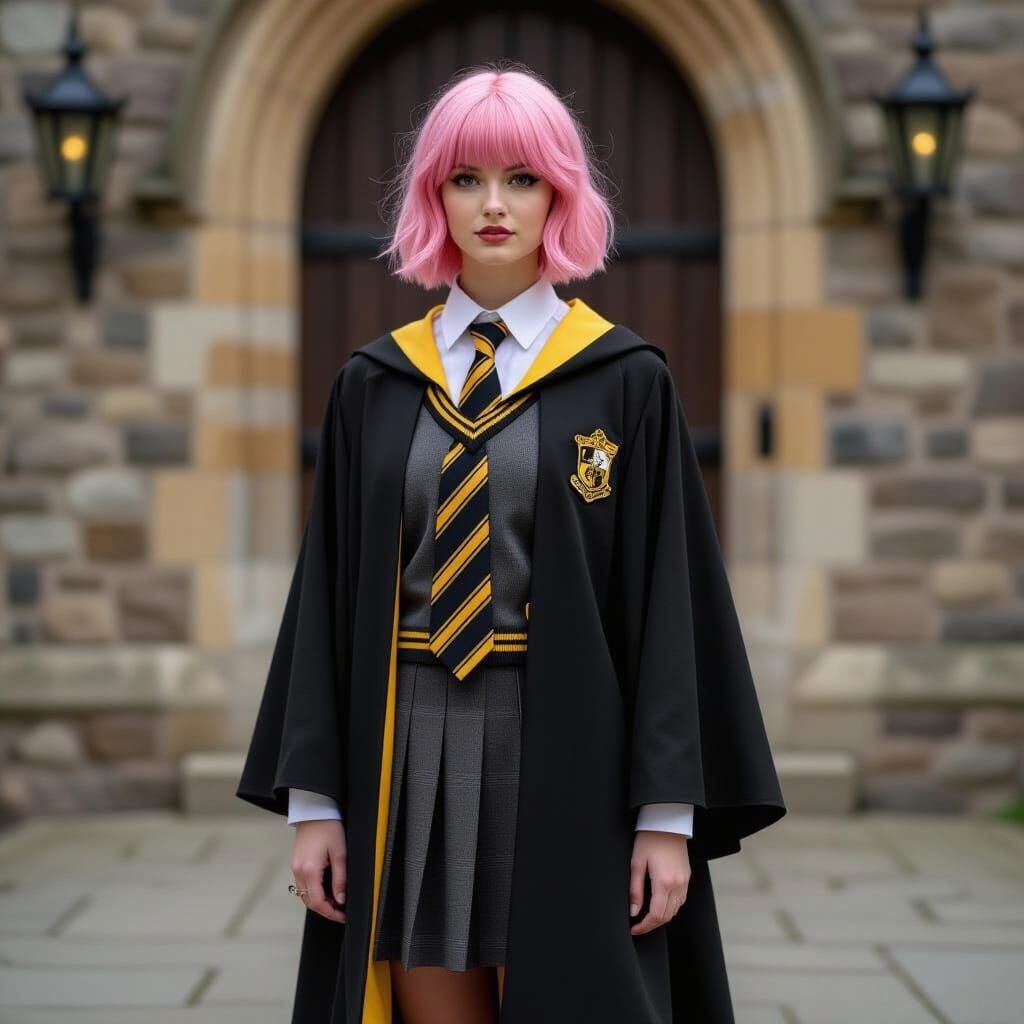 Hogwarts Student with Pink Hair in Hufflepuff Uniform