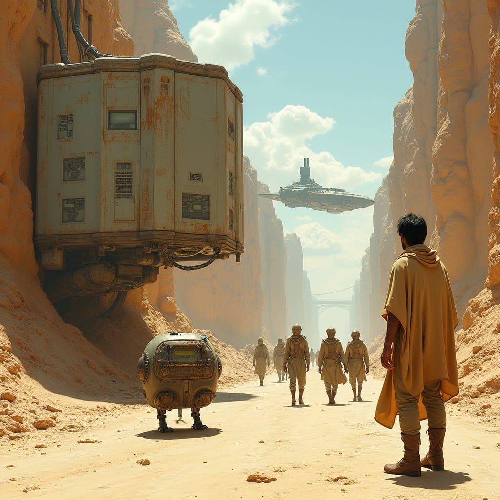 Man in Desert Cityscape with Futuristic Architecture and Rob...