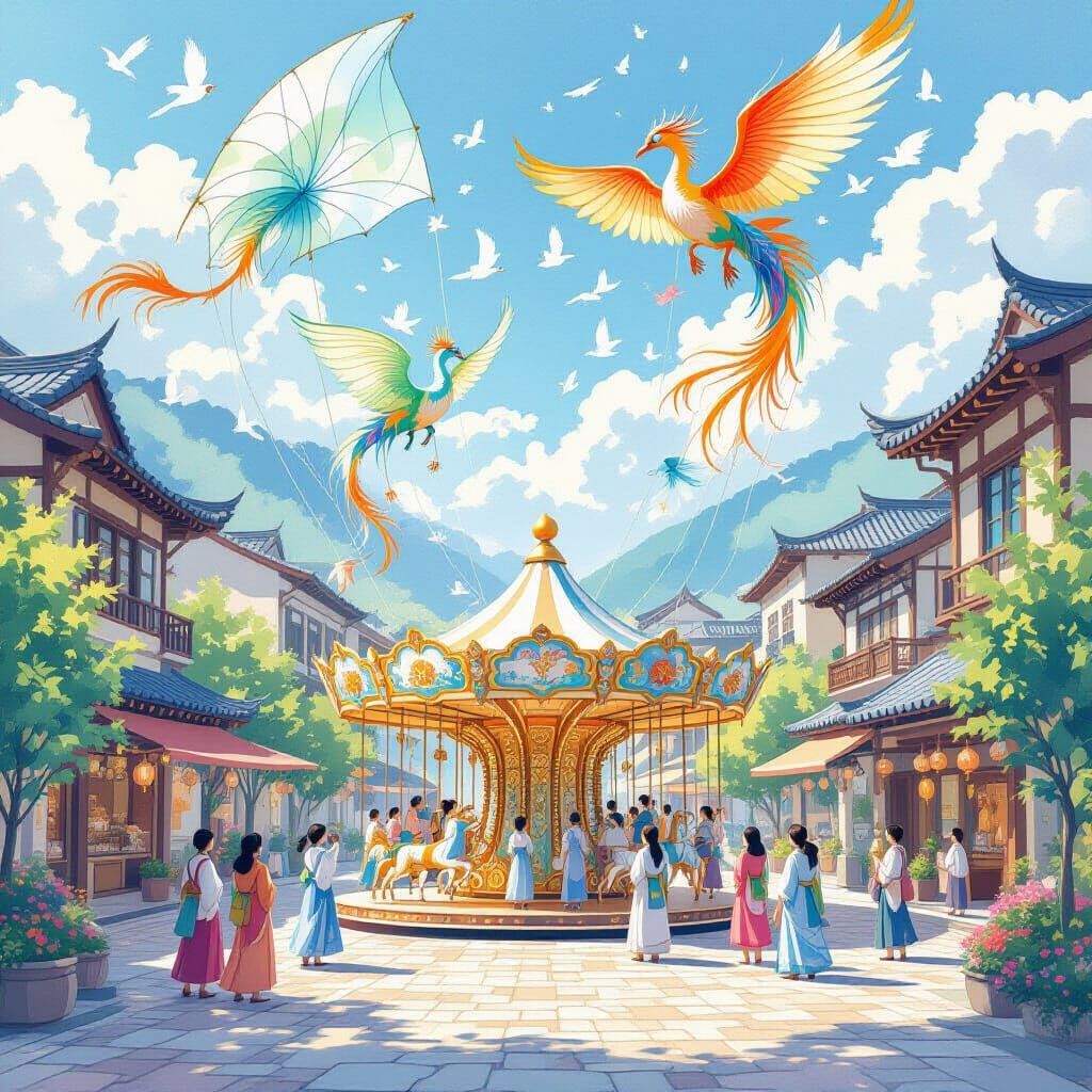 Whimsical Village Festival with Giant Kites