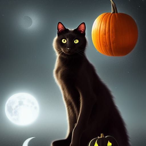 Black Cat Under Pumpkin Moon Digital Painting