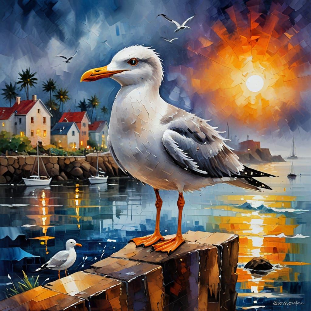 Coastal Harbor Gull: Expressionist Impasto Painting