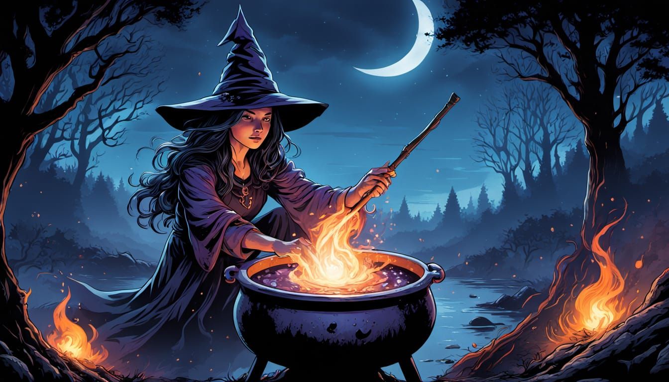 Witch Stirring Cauldron in Moonlit Clearing