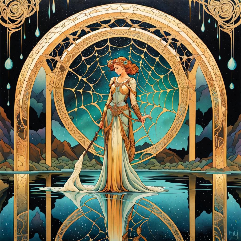 Art Nouveau Adventurer on Spiderweb in the Rain