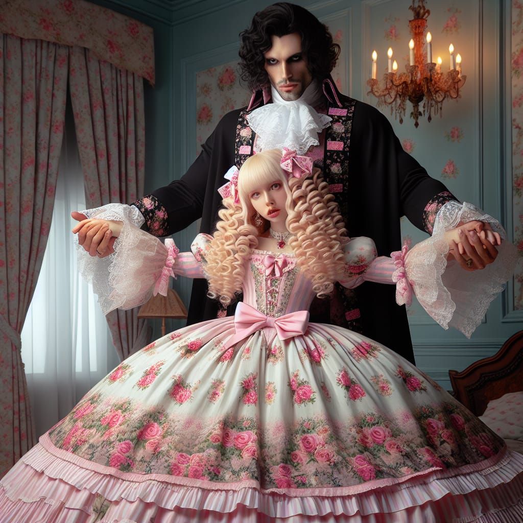 Vampire King Protects Shocked Maid in Ornate Bedroom