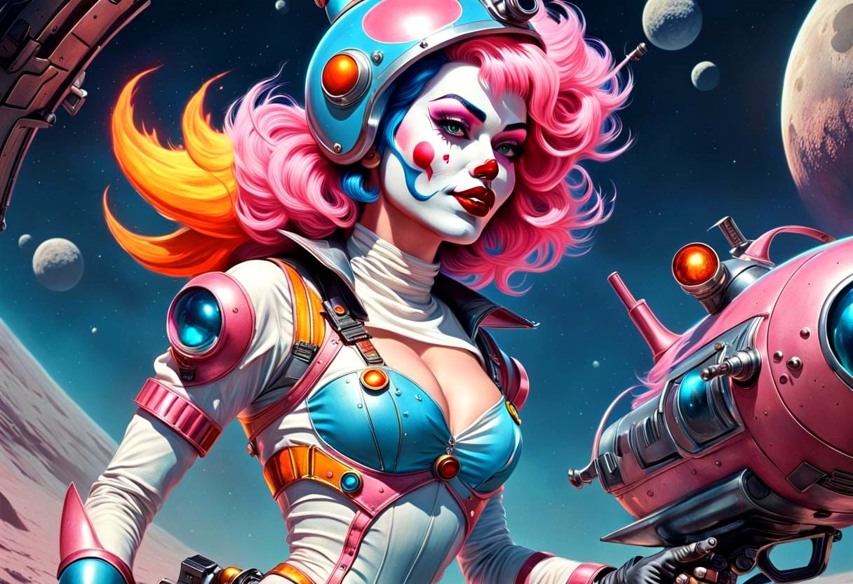 Evil Clown Babe on Flaming Spaceship in Graffiti Art