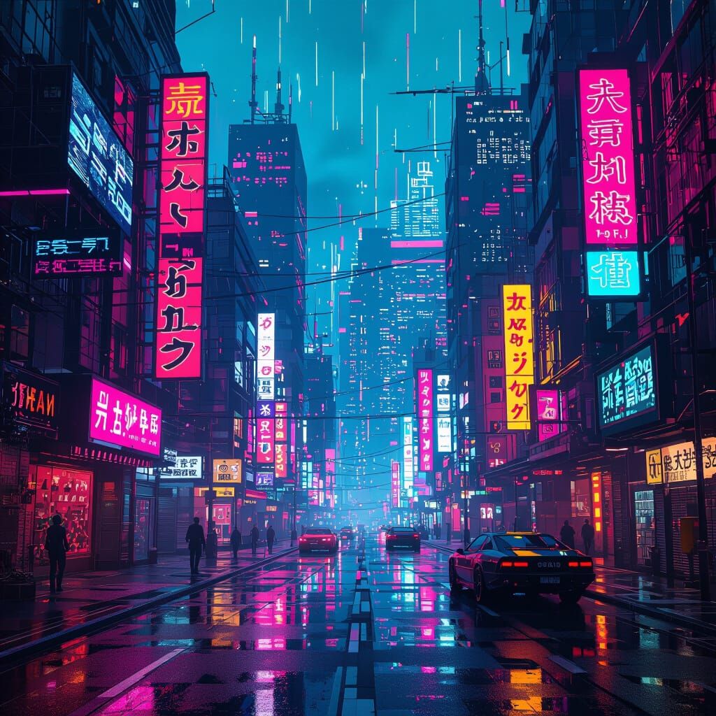 Cyberpunk Cityscape with Neon Kanji and Glitch Effects