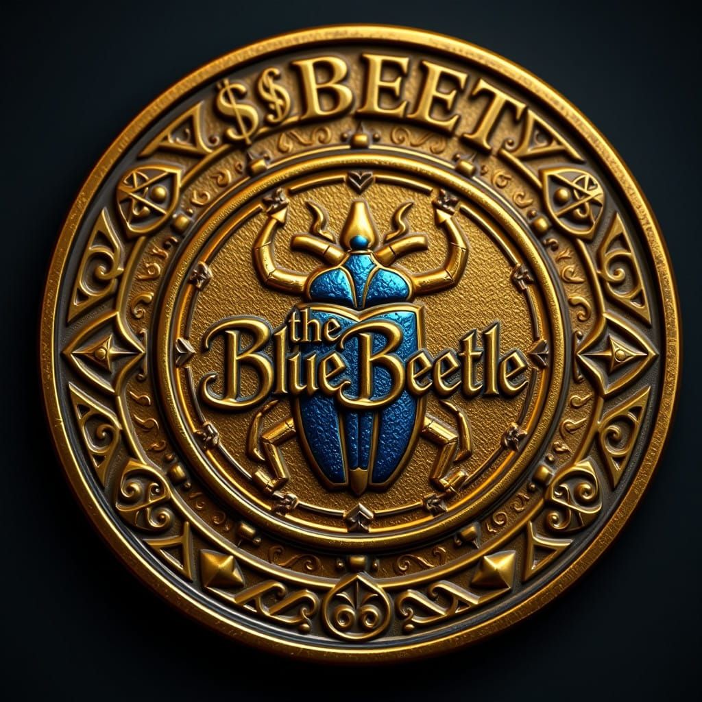 Blue Beetle-Inspired Golden Coin Art in Fantasy Style