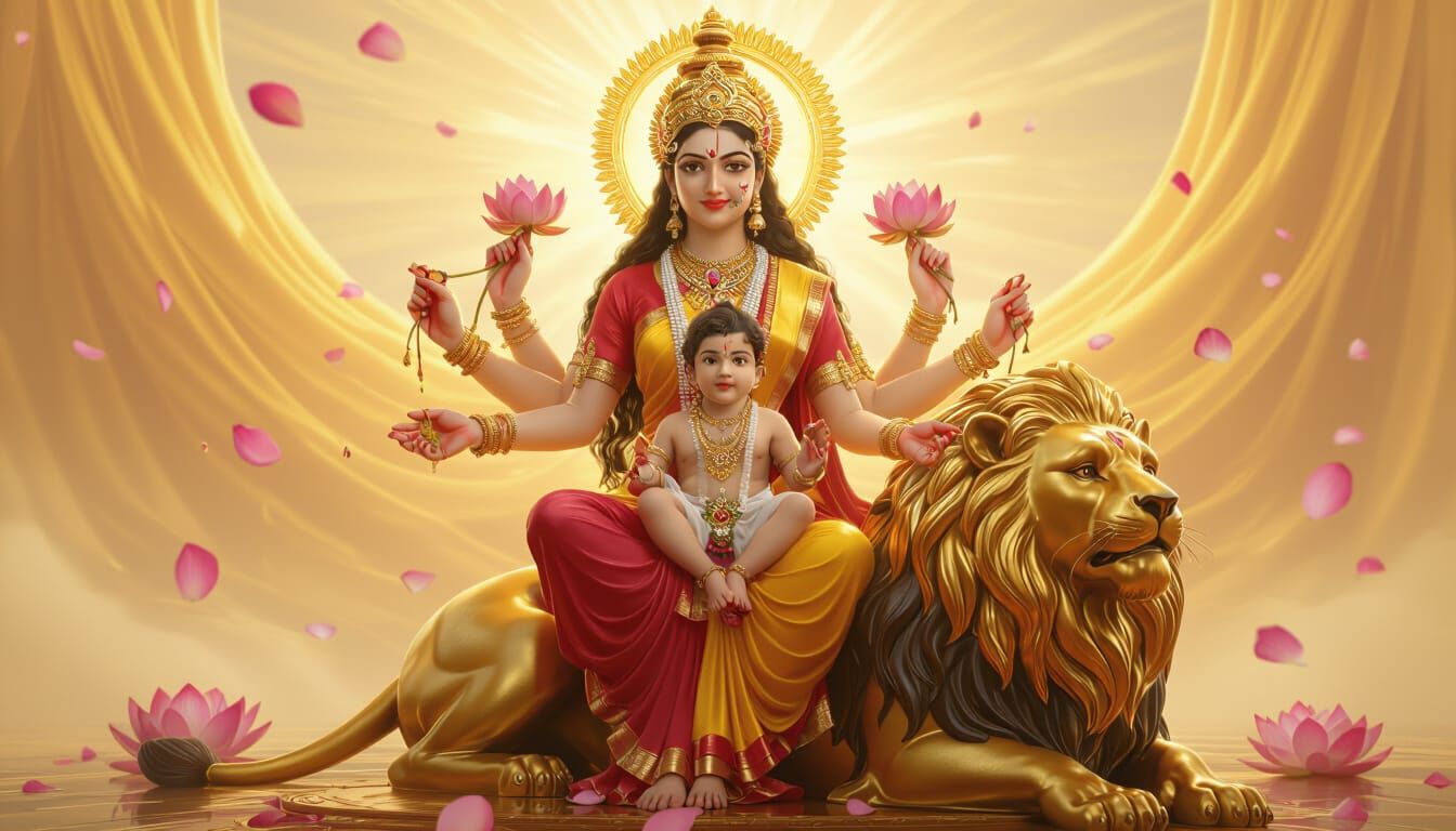 Maa Skandamata on Golden Lion: Mythological 3D Oil Painting