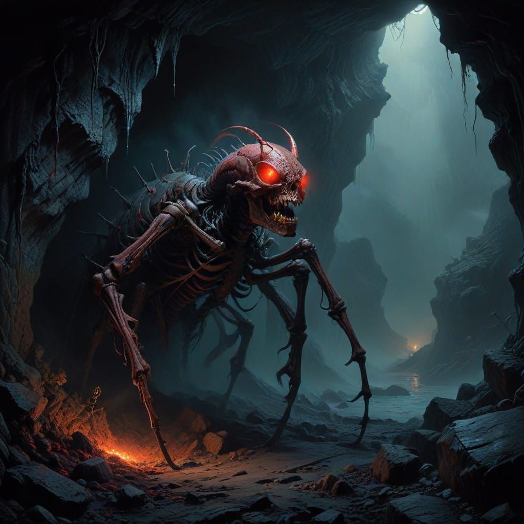 Gothic Horror Centipede Skeleton Emerge from Dark Cave