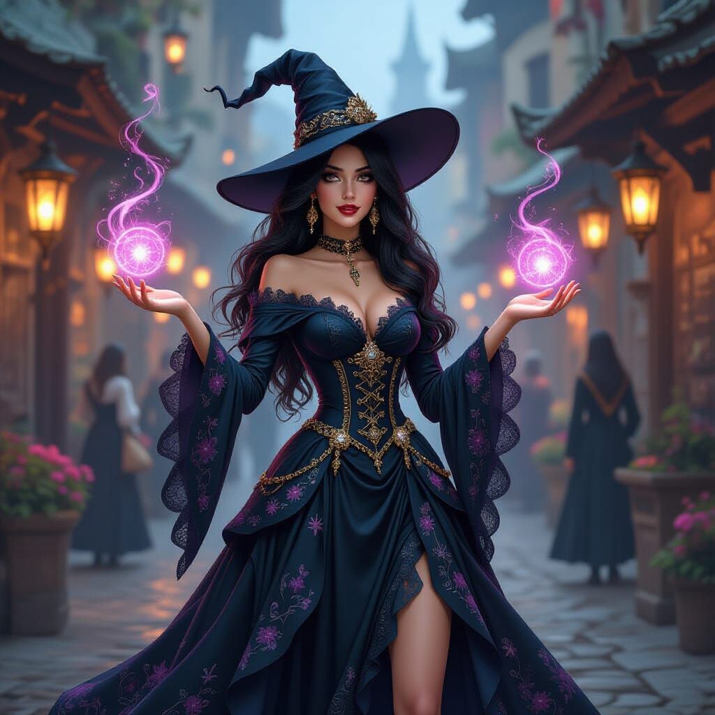 Whimsical Witch Casting Spell in Enchanted Marketplace