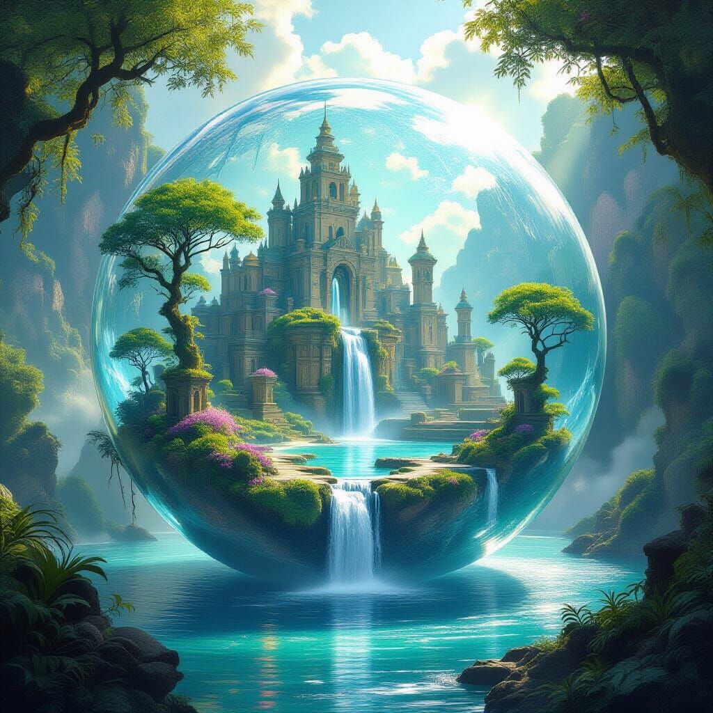 Fantasy Island in Crystal Sphere with Glowing Flora