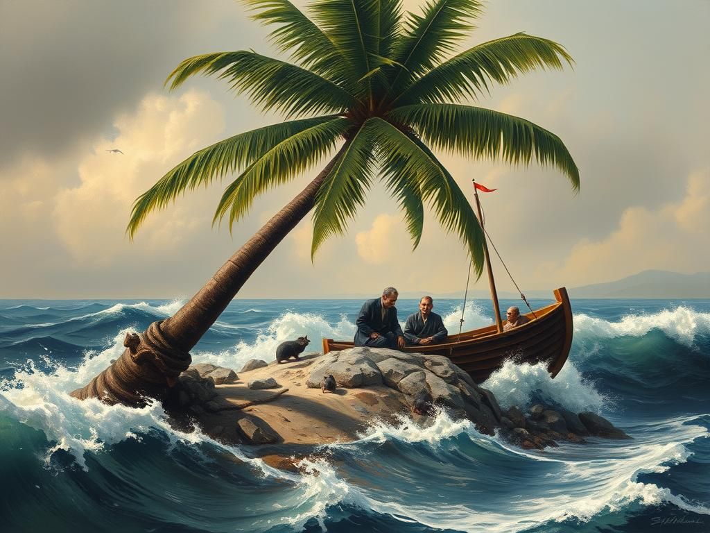 World leaders crying under a palm tree on a deserted island full of mice and rats. Very rough sea waves close to the boa...