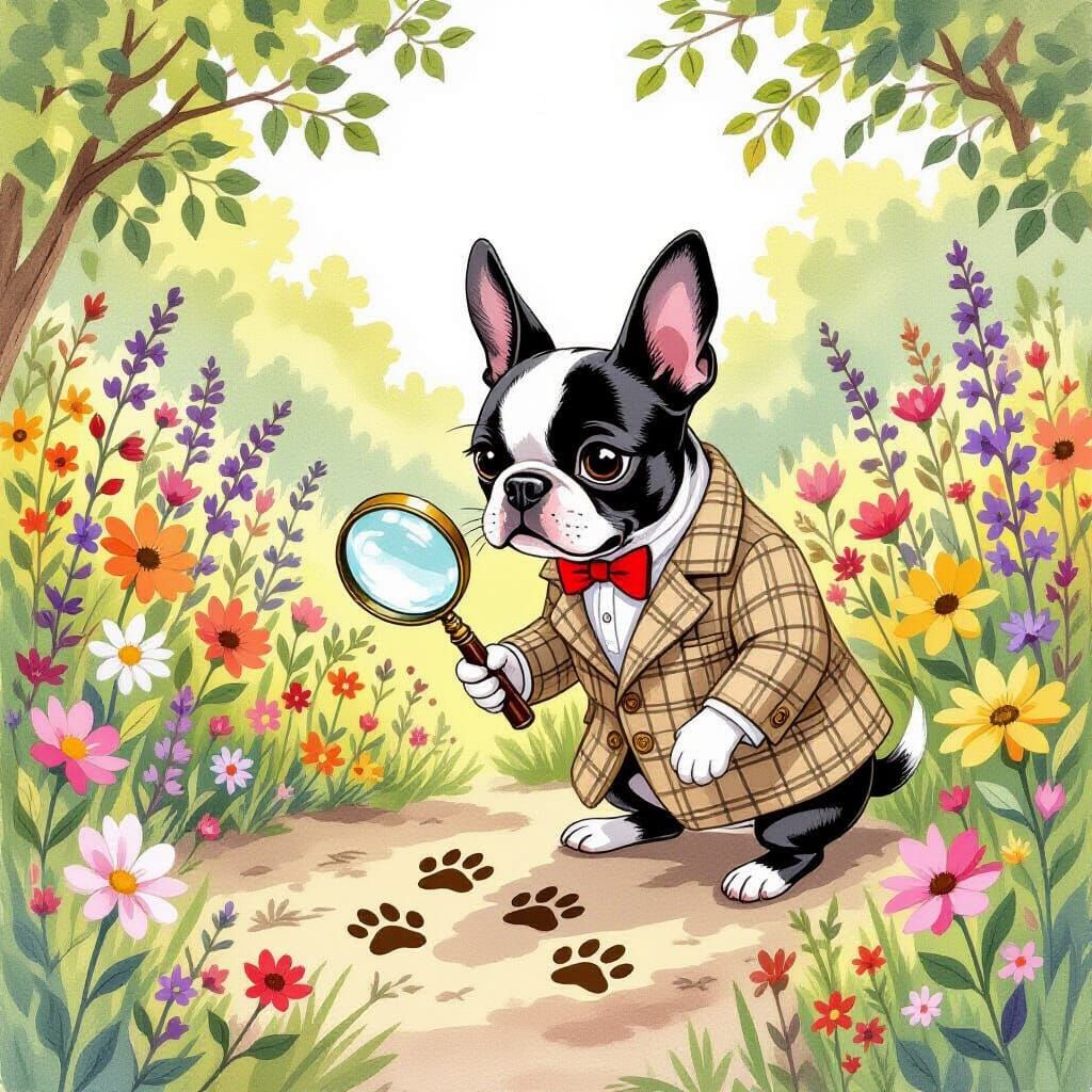 Boston Terrier Detective in English Garden