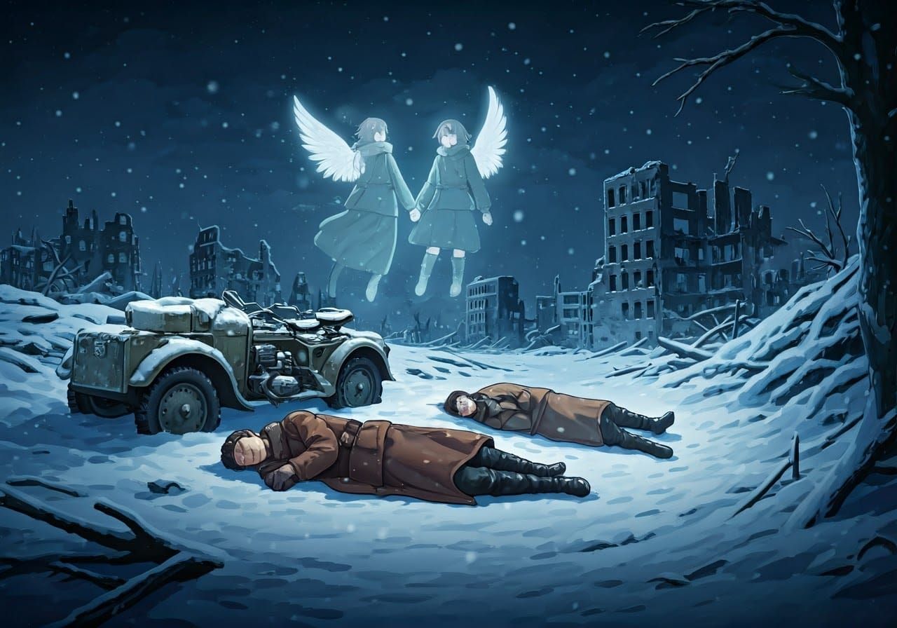 Serene Winter Landscape with Yuuri and Chito in Retro Manga...