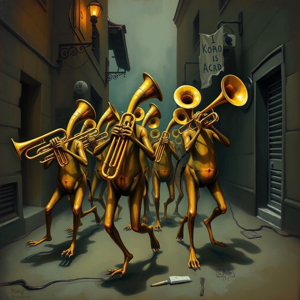 Cubist Brass Instrument Parade in Smoky Backstreet