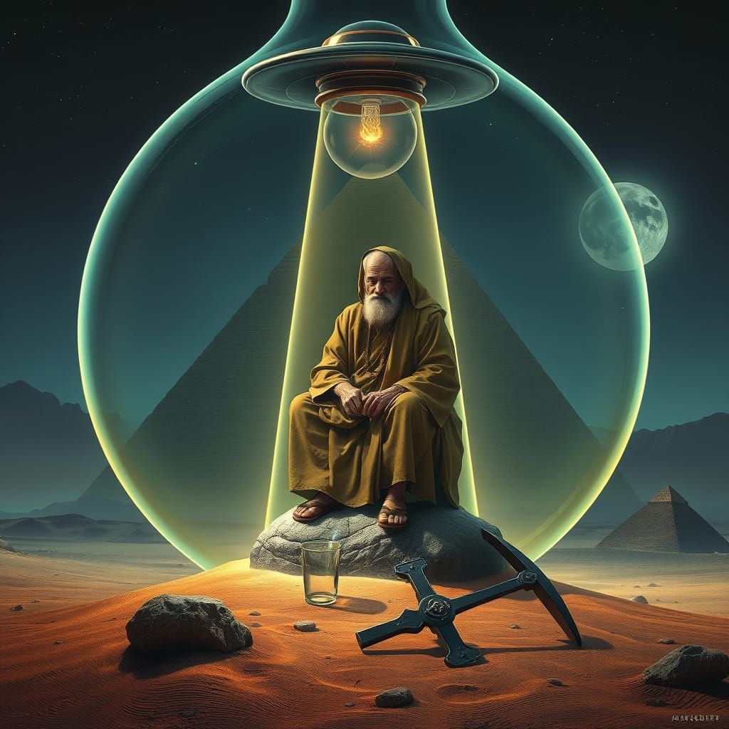 Mystical Bottle: Flying Saucer over Pyramid